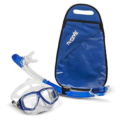 PRODIVE Premium Dry Top Snorkel Set - Impact Resistant Tempered Glass Diving Mask, Watertight and Anti-Fog Lens for Best Vision, Easy Adjustable Strap, Waterproof Gear Bag Included (Blue)