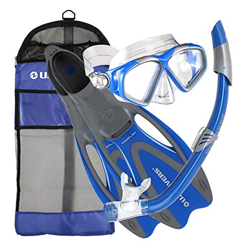 U.S. Divers Cozumel Seabreeze Adult Snorkeling Combo Set with Adjustable Mask, Snorkel, Medium/Large Fins (8-9.5), and Travel Bag, Blue