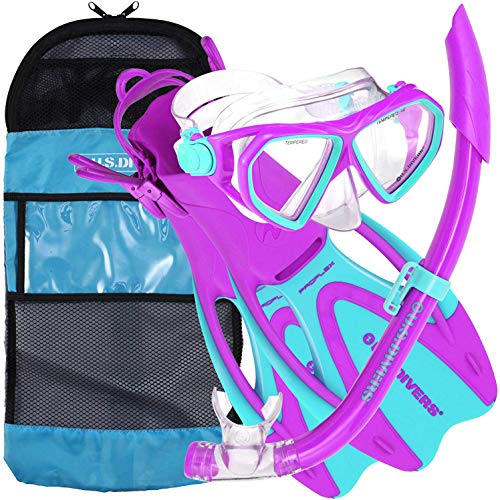 U.S. Divers Junior Small Kids Dorado Mask, Proflex Fins, & Sea Breeze Snorkel Set with Carry Travel Bag, Fun Purple