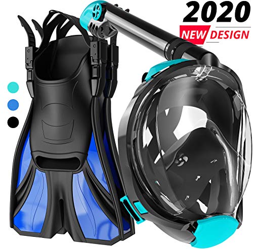 cozia design Snorkel Set Adult - Full Face Snorkel Mask and Adjustable Swim Fins, 180° Panoramic View Scuba Mask, Anti Fog and Anti Leak Snorkeling Gear, Extra Propulsion Flippers