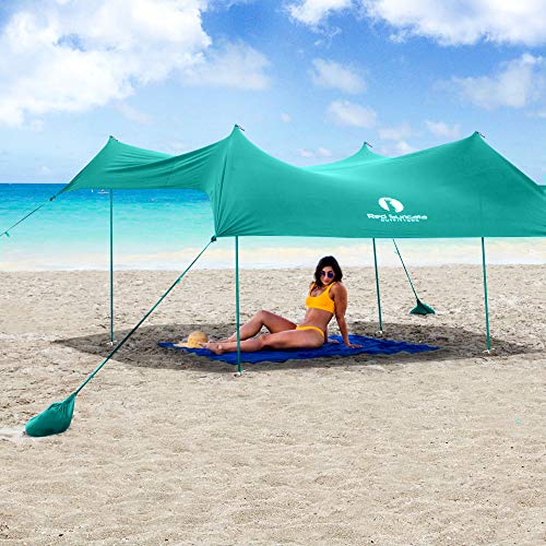 Red Suricata Family Beach Sunshade - Sun Shade Canopy | UPF50 UV Protection | Tent with 4 Aluminum Poles, 4 Pole Anchors, 4 Sandbag Anchors | Large & Portable Shelter Tarp