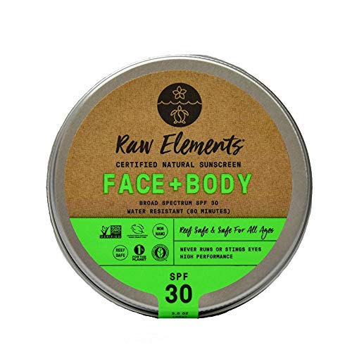 Raw Elements Face and Body Certified Natural Sunscreen | Non-Nano Zinc Oxide, 95% Organic, Water Resistant, Reef Safe, Cruelty Free, SPF 30+, All Ages Safe, Moisturizing, Reusable Tin, 3oz